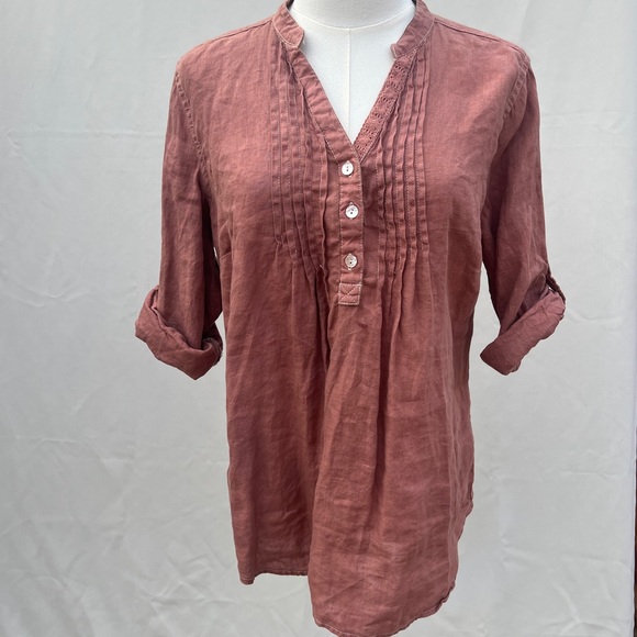 malvin Tops - Malvin I Love Linen Women’s M Top Dusty Pink/Rose Roll Tab Sleeve Blouse PinTuck